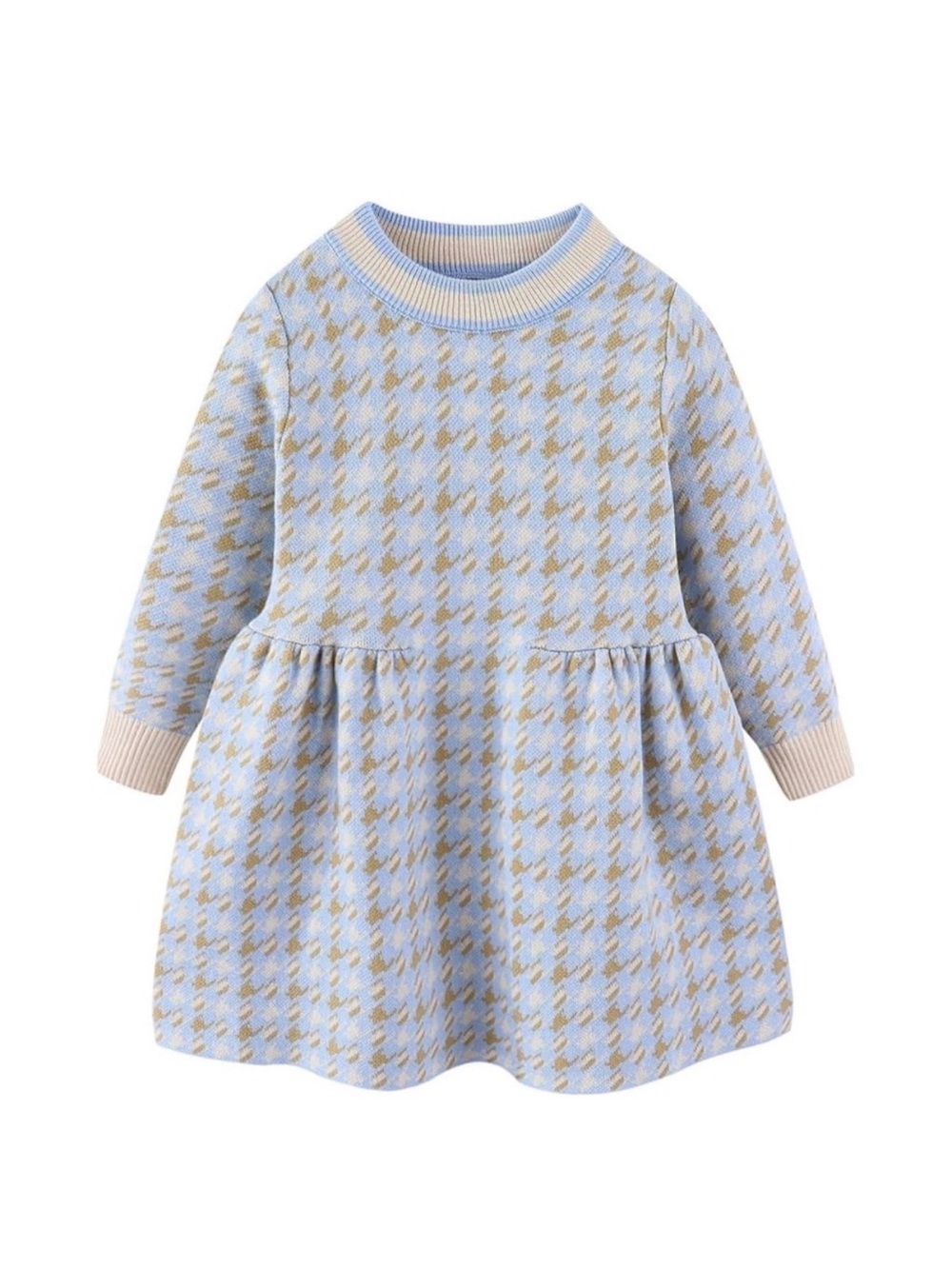 Twin Girls Houndstooth Knit Dress - Blue & Cream